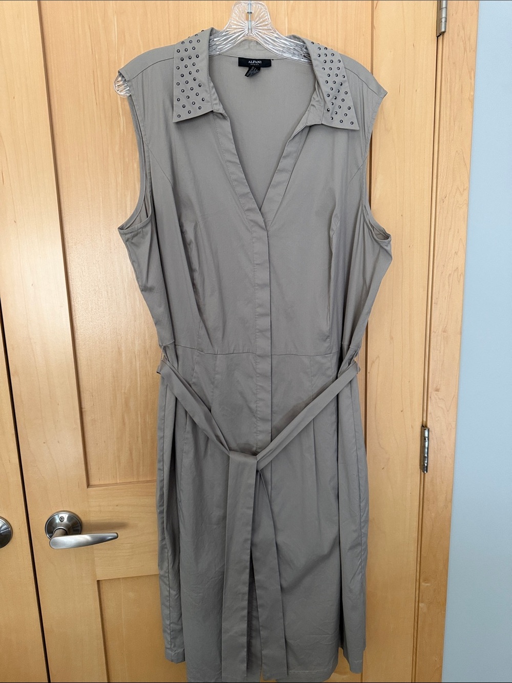 Alfani Neutral Taupe Button-Up Dress with Stud Collar